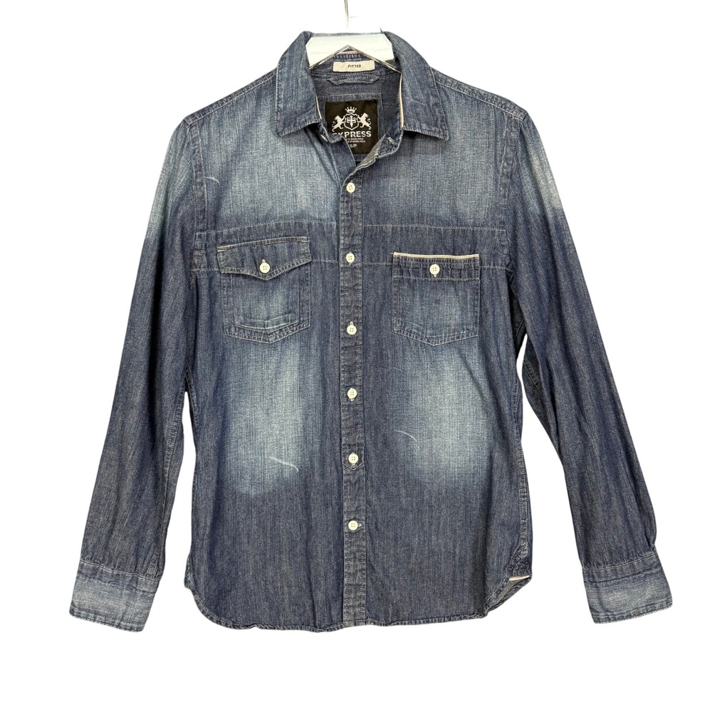 Express Shirt Womens Small Blue Fitted Denim Chambray Long Sleeve‎ Button Up